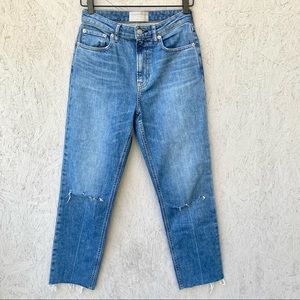 Everlane The High Rise Straight Jean Sz 27 Raw Hem Distressed Knee Rip